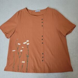 Misslook 5XL Pullover Short Sleeve Relaxed Artsy Top Blouse Daisies Orange